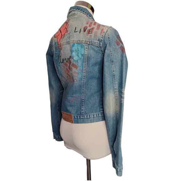VINTAGE 90s Y2K Jean Jacket Painted Denim Butterflies Artsy Studs Faded Small - Picture 2 of 14